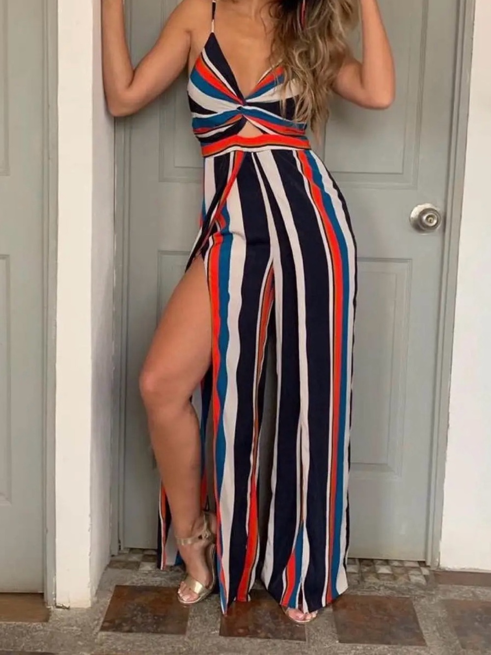 Striped Twist-Front Maxi Dress with leg Slit - Navy/Red/White/tan